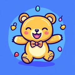 Fototapeta premium A cheerful cartoon bear juggling colorful balls, exuding joy and playfulness against a bright blue background.