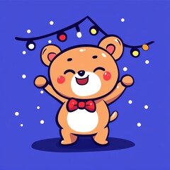 A cheerful cartoon bear with a bow tie is joyfully celebrating under a string of colorful lights against a blue background.