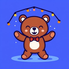 Fototapeta premium A cheerful cartoon bear stands with arms raised, wearing a bow tie, under string lights and sparkling stars against a bright blue background.