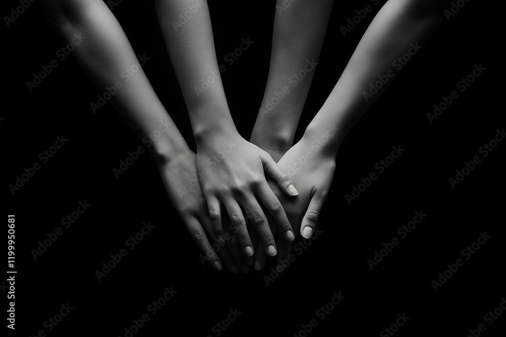 Poster hands of diverse individuals joined together showing support and unity in dark setting