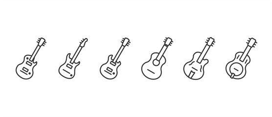 Guitar, bass guitar icon set in different styles. Acoustic and electric musical instrument symbol. Flat icon of guitar, bass guitar acoustic and electric vector illustration in transparent background.