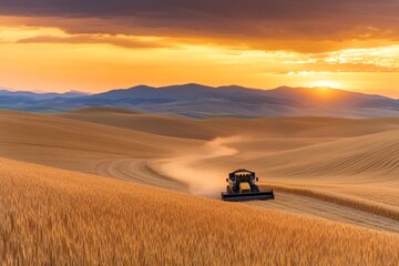 Fototapeta premium A wheat field during harvest season, with a combine harvester in the distance and dust rising in the golden light