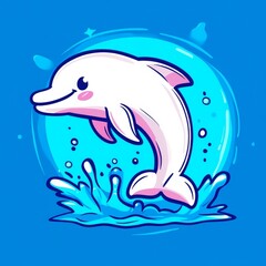 Obraz premium A playful, cartoon-style dolphin splashes joyfully in vibrant blue water, exuding a cheerful and friendly vibe.