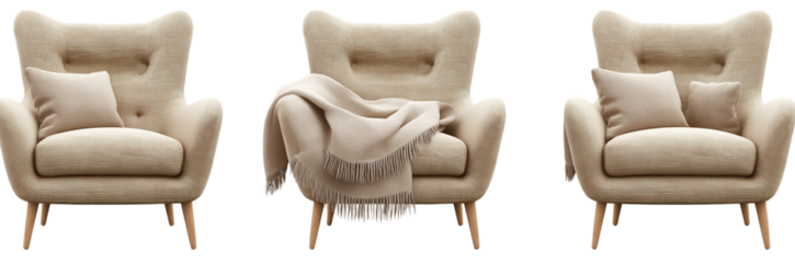  Set of beige armchairs with a blanket, isolated on a transparent background png