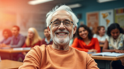 Portrait of friendly white senior man over 60 studying in class together with students of different ages