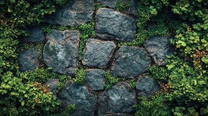 Garden path stones surrounded by lush greenery high-resolution textures natural environment top-down view serenity