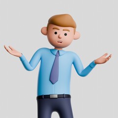 3D render of cartoon businessman in blue shirt and tie, shrugging his shoulders and raising his hands isolated on white background.