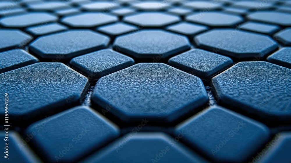 Aufkleber close-up view of textured hexagonal surface with a blue hue, showcasing intricate patterns and depth