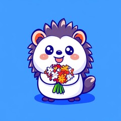 A cute cartoon hedgehog holds a bouquet of colorful flowers against a bright blue background, radiating joy and charm.