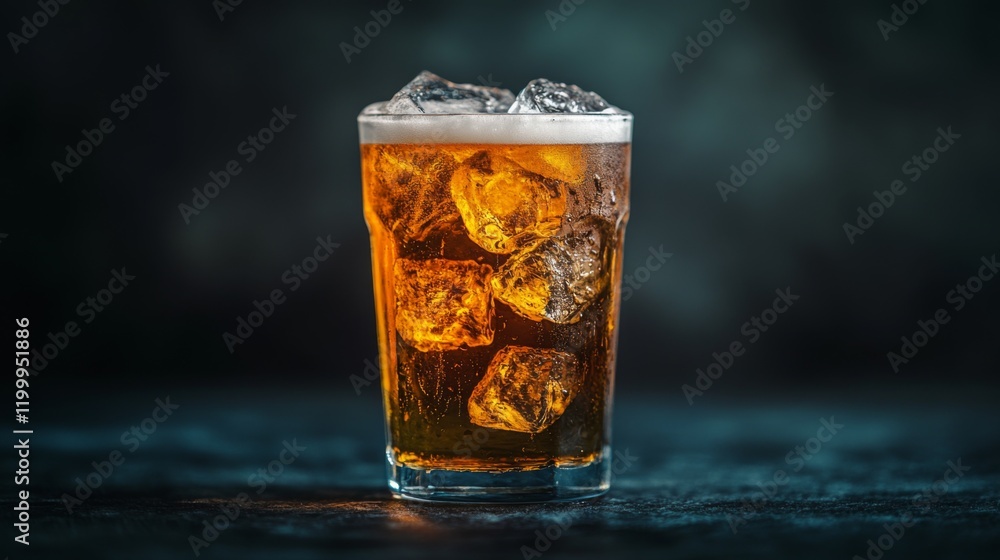 Poster a frosty beer glass filled with ice, set against a dark background with soft lighting emphasizing th