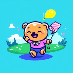 Fototapeta premium A cheerful bear in a pink outfit joyfully holds a balloon and a kite, surrounded by a vibrant blue sky and green landscape.