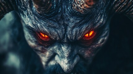 Supernatural close-up of a demon with intense glowing red eyes and sharp horns, evoking a mythical horror creature