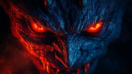 Supernatural close-up of a demon with intense glowing red eyes and sharp horns, evoking a mythical horror creature