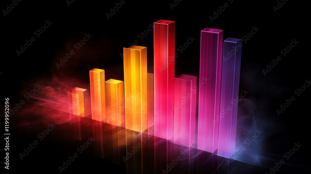 Poster A futuristic D bar graph with colorful, glowing bars rising on a digital screen, showcasing financial growth and performance over time