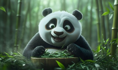 Obraz premium Panda Having a Fun Time at a Bamboo Buffet, Surrounded by an Abundance of Fresh Green Bamboo