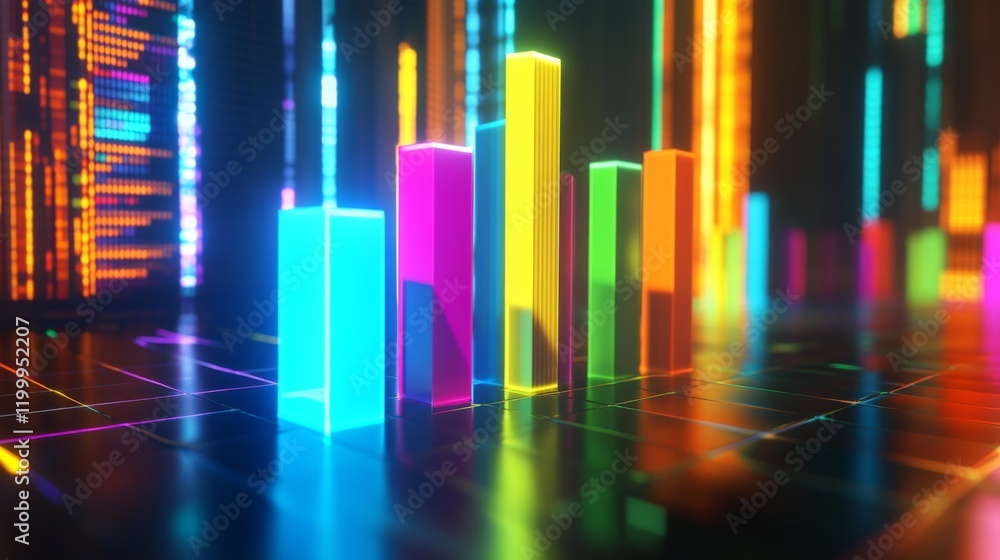 Poster A futuristic D bar graph with colorful, glowing bars rising on a digital screen, showcasing financial growth and performance over time