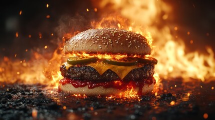 A spicy burger with jalape pepper jack cheese, and a fiery red sauce, exuding heat and flavor.