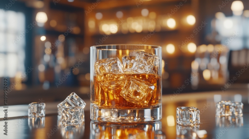 Poster A glass of beer with ice, sitting on a bar counter with reflections from the ice cubes and golden liquid, creating a refreshing and inviting atmosphere