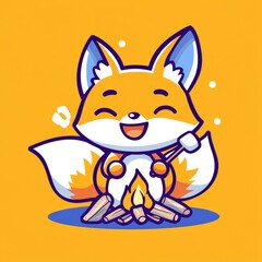 Obraz premium A cheerful cartoon fox sits by a campfire, smiling and holding a stick, against a bright yellow background.