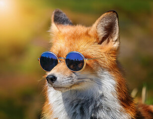 A red fox wearing round sunglasses looks nonchalantly to the side against nature background
