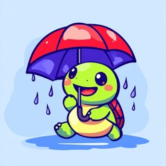Obraz premium A cheerful turtle character holding a colorful umbrella, enjoying the rain with droplets falling around it, set against a light blue background.