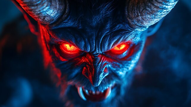 Close-up of a horned demon with glowing red eyes, intense and fiery expression for a mythical creature theme
