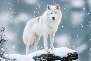 Obraz premium A wolf standing proudly on a snow-covered log, surveying its territory with an intense gaze