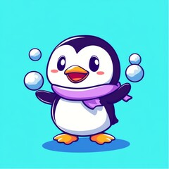 Fototapeta premium A cute cartoon penguin wearing a scarf, joyfully surrounded by bubbles against a bright blue background.