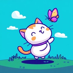 A cute cartoon cat joyfully reaches for a colorful butterfly against a bright blue sky.