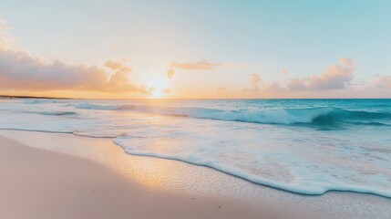 Beach at sunrise with gentle waves and pastel colors