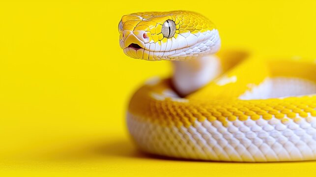 Close-up of a yellow and white snake on a yellow background. (2)