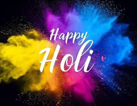 Happy Holi colorful background with realistic powder paint clouds and calligraphic text
