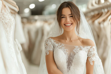 Naklejka premium Bride trying on wedding dress in a boutique with elegant surroundings and soft lighting