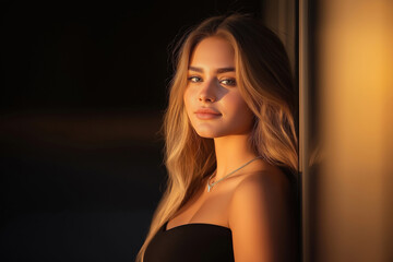 Naklejka premium Portrait of a young woman with long hair posed against a wall during golden hour