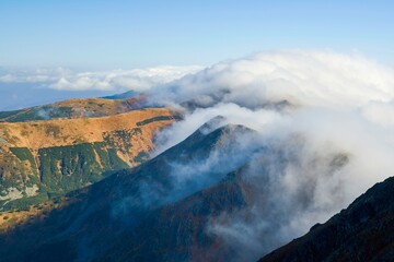 Mountain landscape in the morning mist. Chopok, Slovakia