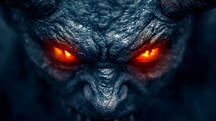 Supernatural close-up of a horned demon with intense glowing red eyes, set in a dark fantasy and mythical creature theme