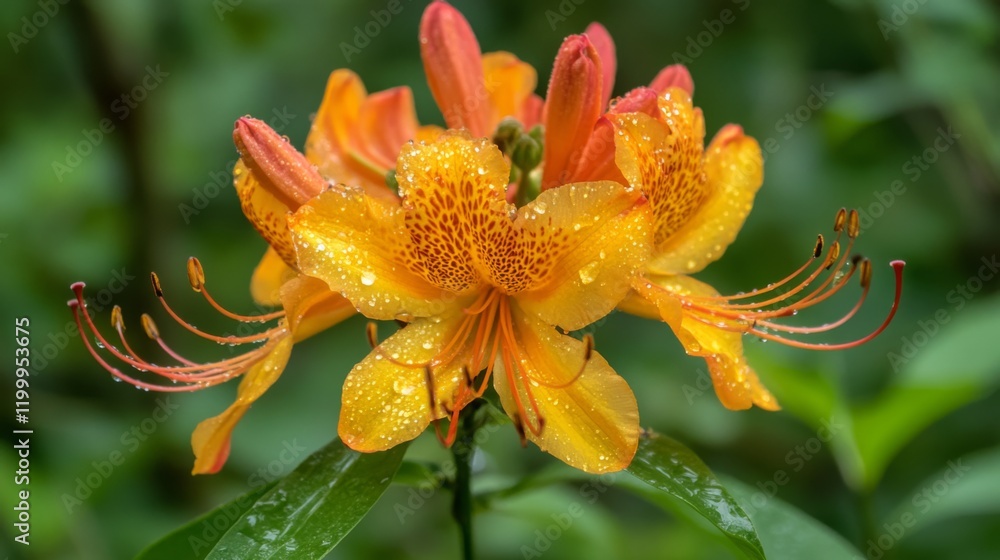 Poster a macro shot of a colorful flower with sparkling water droplets on its petals, set against a blurred