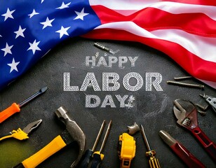 Happy Labor day concept. American flag with different construction tools on dark stone