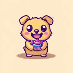 Obraz premium A cute cartoon puppy happily holds a cupcake, featuring big eyes and a joyful expression against a simple background.