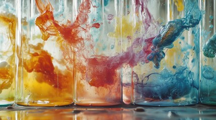 Dynamic and colorful splash of liquids in glass jars creating an abstract visual effect with vibrant hues and playful motion energy