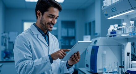 Fototapeta premium Portrait of a male scientist using a tablet computer, smiling confidently in a laboratory setting