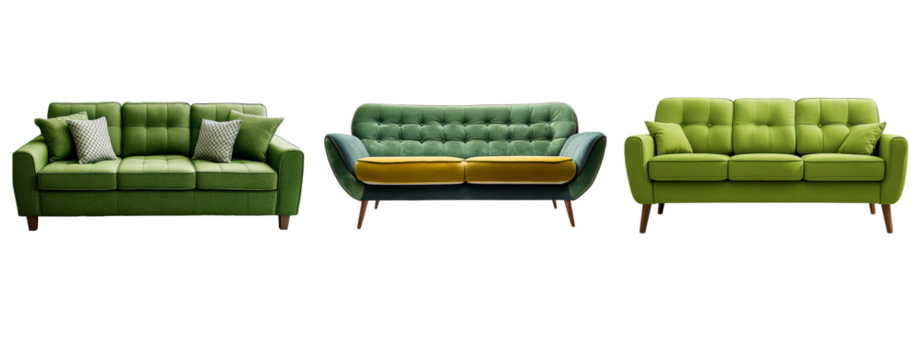 Set of green sofa couch on transparent background, PNG  - Powered by Adobe