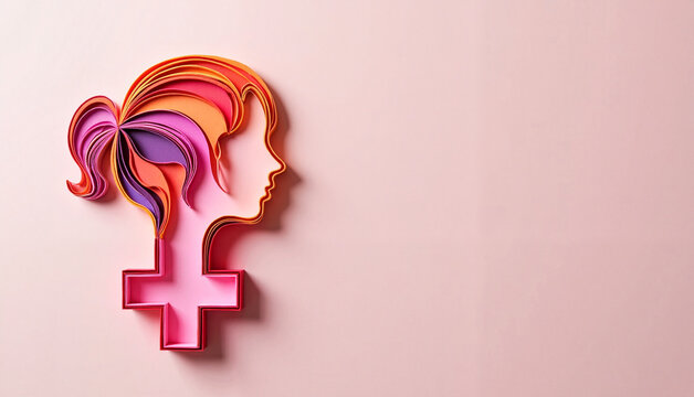 Female silhouette with colorful hair against pink background, female symbol
