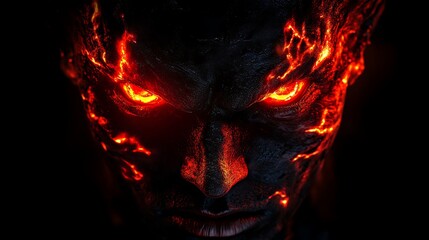 Fiery demonic face with glowing red eyes and sharp horns, creating a supernatural horror and mythical creature theme