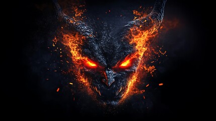 Fiery demonic face with glowing red eyes and sharp horns, creating a supernatural horror and mythical creature theme
