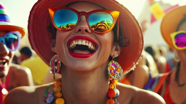 Woman laughing at summer music festival with friends
