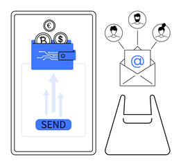 Digital wallet transferring cryptocurrency from a mobile device, send button. Email envelope networking users. Ideal for fintech, online payments, digital currency, crypto transactions