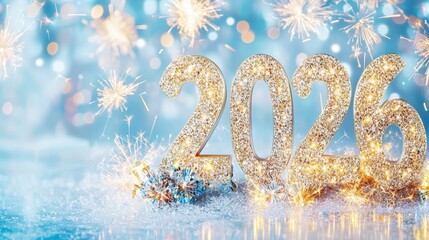 Sparkling New Year 2026: A shimmering and festive New Year's Eve celebration, captured in a photo. Sparkling numbers "2026" surrounded by dazzling fireworks against a backdrop of twinkling lights.