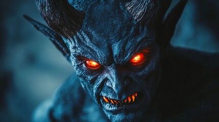 Obraz premium Supernatural close-up of a demon with sharp horns and glowing red eyes, set in a mythical creature and horror concept