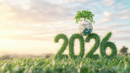 Green Earth 2026: A vibrant green 2026 formed from grass sits on a lush field at sunrise, with a small tree growing atop a globe resting on the numbers.
